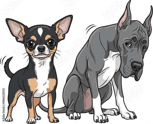 Dog Vector Set Featuring Chihuahua and Great Dane Sitting Together in Cartoon Style for Pet, Animal, Breed, and Companion Illustrations