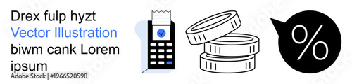 Financial management, payment processing, banking, discounts, shopping, commerce. Payment terminal, stack of coins discount percentage bubble. Financial management and payment processing