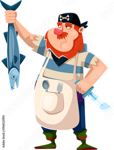 Brave corsair and pirate sailor cartoon character. Cheerful personage in an apron, holding fish and dagger, ready to cook. Vector mascot with black bandana, spoon and fork for pirate party