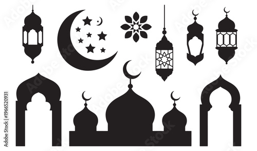 Islamic cultural elements: mosque, lanterns, moon, stars, and archways for design