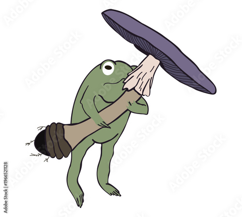 Cottagecore Style Illustration of a Cute Green Frog Holding a Large Purple Mushroom Isolated on White