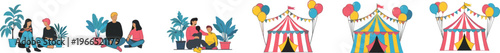 Family Outdoor Activities and Circus Tent Vector Set with People Relaxing Picnic Scenes Colorful Carnival Tents Balloons Festive Event Illustration Collection