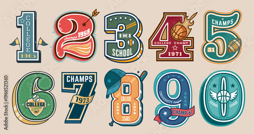 Varsity numbers sport patches vintage font for baseball, basketball and american football athletic teams. Vector university, school or college varsity patches, t shirt or jacket print with sport balls