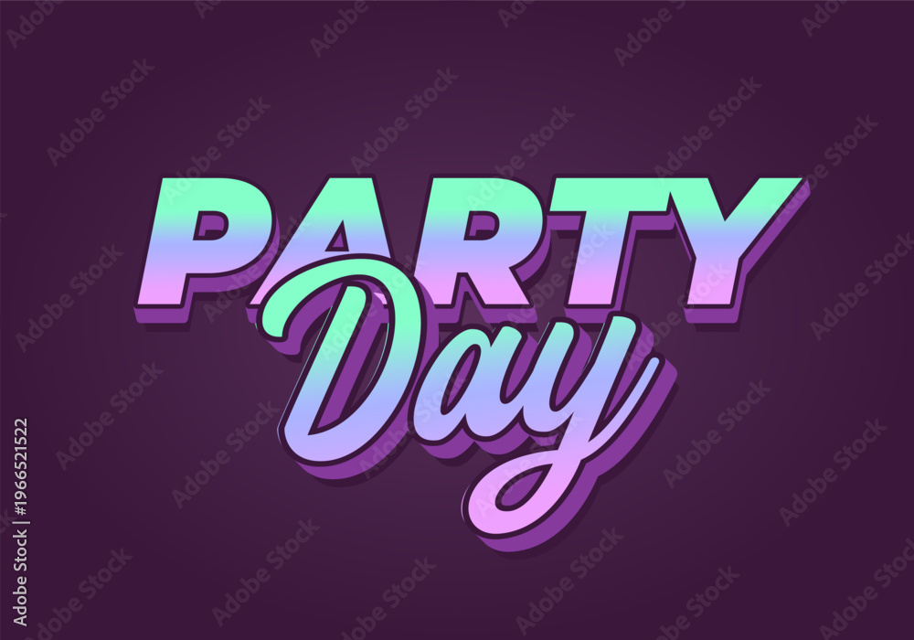 Fototapeta premium Bold retro neon text reading party day with gradient mint to lavender letters and drop shadow on dark purple background.