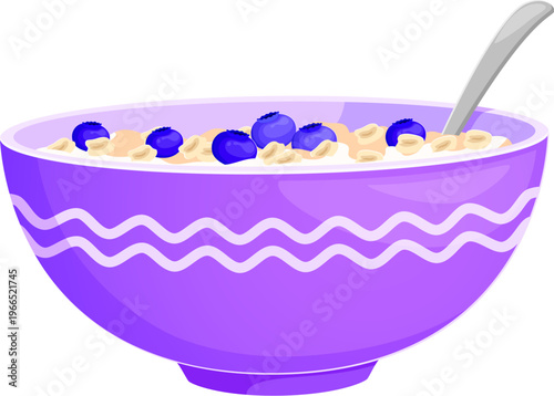 Cartoon oatmeal bowl with milk oat porridge, blueberry topping and spoon. Breakfast food with cereal grain dairy ingredient. Vector isolated purple porcelain dish with healthy oatmeal nutrition meal