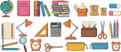 Colorful School Supplies Icon Set with Books, Globe, Calculator, Scissors, Pencils, Desk Lamp, Clock, and Stationery Elements for Education Design Use