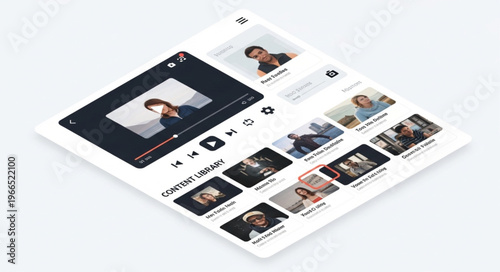 Isometric view of a modern video streaming platform interface on a white surface, showcasing a clean and user-friendly design.