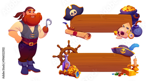 Pirate banners and funny corsair character. Cartoon sailor or captain with hook, Vector wooden board templates with tricorn hat, skull, treasure, gold coin jewel, bottle with scroll map and ship wheel