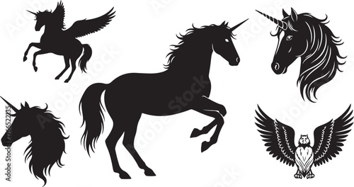 Black silhouettes of unicorns and an owl on white background