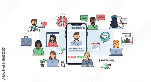 Illustration of a telemedicine platform connecting patients and healthcare professionals through a mobile app, showcasing various medical services and communication tools.