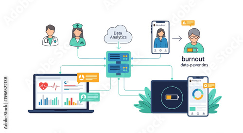 Digital healthcare system connecting patients, doctors, and data analytics for remote monitoring and burnout prevention.