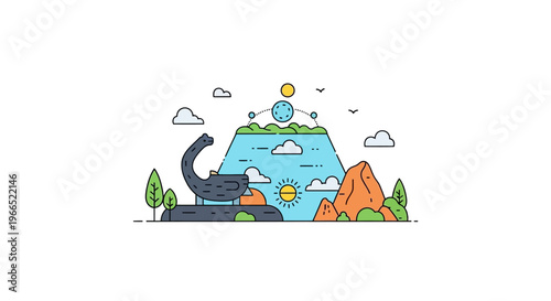 A stylized illustration depicting a microscope examining a vibrant landscape with a mountain, sun, clouds, and trees.