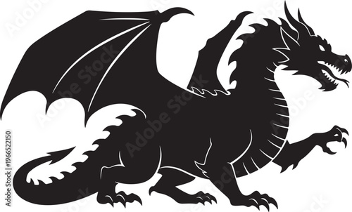Black dragon silhouette with wings spread wide on white background
