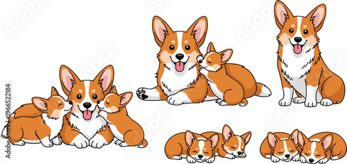 Corgi Dog Vector Set with Adult Corgis and Playful Puppies in Sitting, Lying, and Cuddling Poses for Cartoon, Pet, Animal, and Kids Illustrations