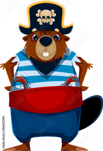 Cartoon beaver animal pirate crew character, wearing a striped blue shirt, red sash, blue pants, and a black captain hat with a skull emblem, holding two flintlock pistols tucked into his belt