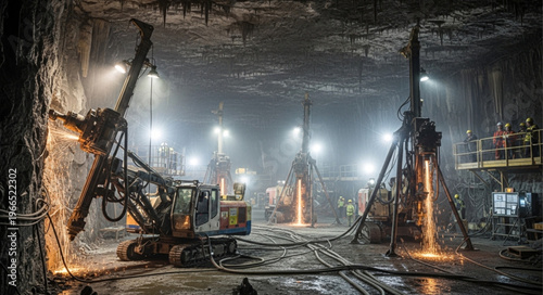 Underground Mining Operation - Drilling and Extraction in a Dark Mine.