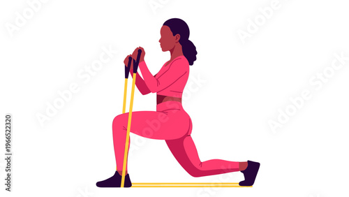 Woman doing lunges with resistance band, fitness exercise, workout, athletic woman, strength training, isolated on white background, vector illustration