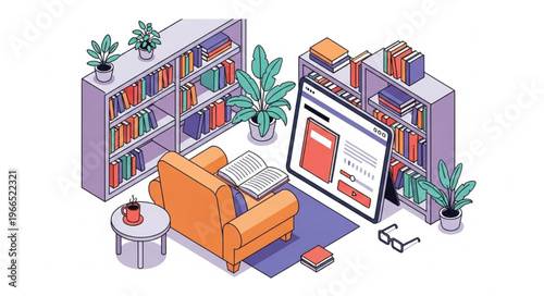 Isometric Illustration of a Cozy Reading Nook with Bookshelves and Online Book Display.