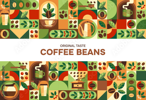 Roasted coffee banner with geometric pattern, featuring drink cup, mug, pot and kettle, grinder, leaf, berry and seed or bean. Vector retro modern tile background for cafe menu, beverage and brew