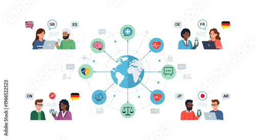 Global communication network connecting diverse people and concepts through technology and shared understanding.