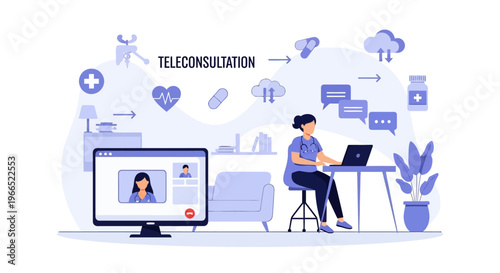 Teleconsultation concept illustration showing a doctor interacting with a patient online via a laptop and computer screen, surrounded by medical icons.