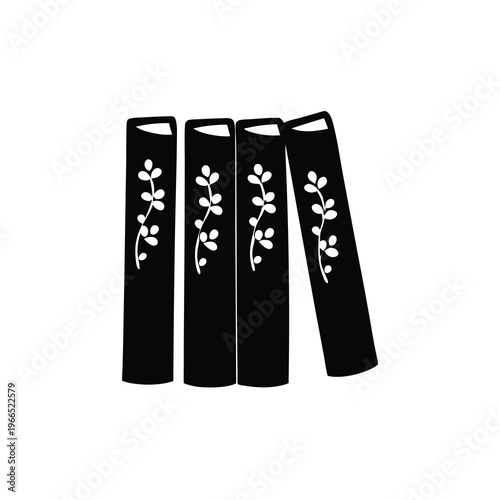 Four stylized black books with plant design creating a minimalist composition