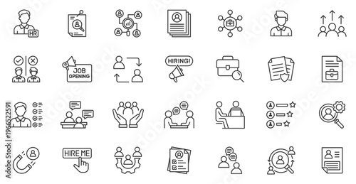 Set of recruitment line icons. Hiring, job search, HR management, candidate selection, resume review, interview process, talent acquisition outline vector icon collection 