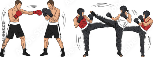 Boxing and Martial Arts Vector Set with Male and Female Fighters in Punching and Kicking Poses for Combat Sports, Training, Fitness, and Athletic Illustrations