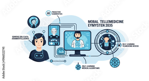 Futuristic telemedicine concept with AI, predictive diagnostics, and self-learning algorithms for remote healthcare in 2035.