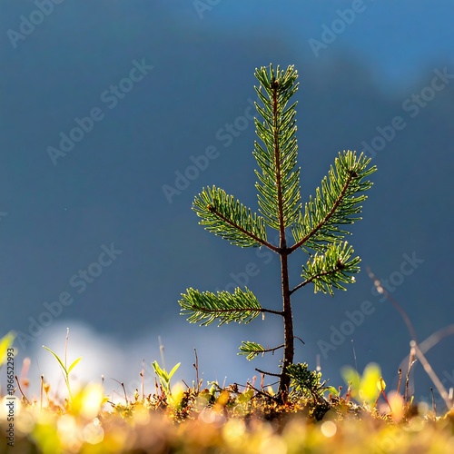 A small evergreen sapling grows amidst blurred background