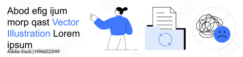 Workflow, productivity, emotional well-being, stress management, communication, document exchange. A person pointing to documents, tangled lines and a sad face. Workflow and emotional well-being