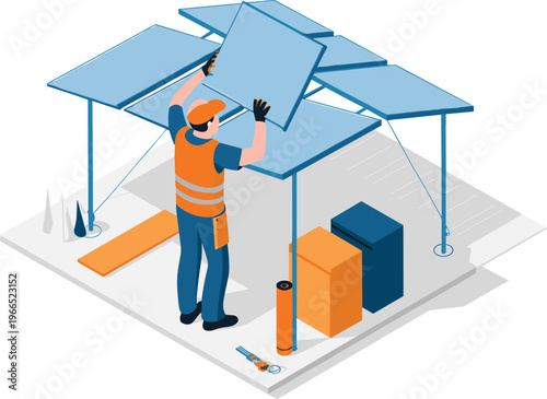 Isometric solar panel installation concept, renewable energy technician installing photovoltaic system sustainable power green technology vector illustration design