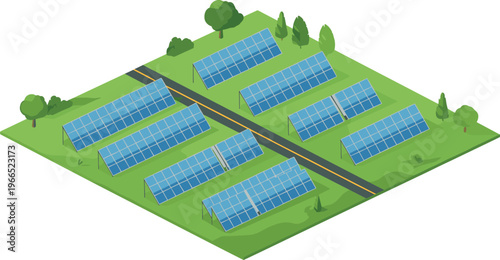 Isometric solar energy farm with panel arrays near road, green renewable power production, sustainable technology, eco friendly electricity generation concept