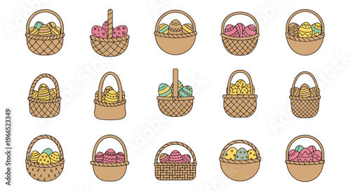 Collection of wicker baskets filled with colorful Easter eggs.
