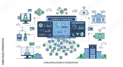A comprehensive illustration of medical governance and automated consultation systems, showcasing interconnected digital health platforms and data flow.