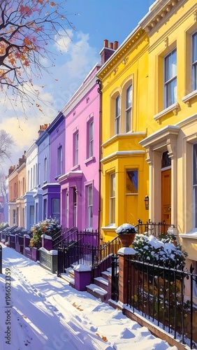 A snowy street lined with colorful houses (1)