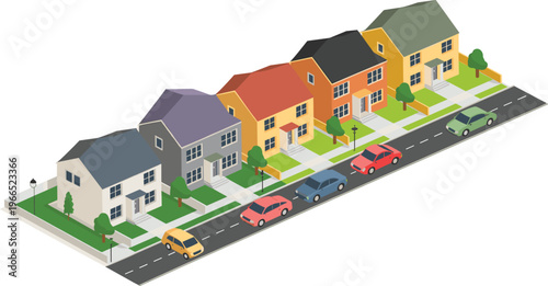 Isometric suburban residential houses street neighborhood colorful homes urban community road cars trees modern architecture 3D illustration design