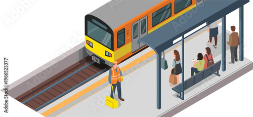 isometric subway platform with arriving train, passengers waiting under shelter, urban public transport system, metro station commuting illustration concept