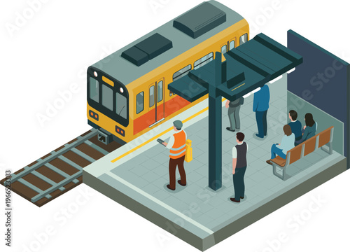 isometric subway station with train arrival, passengers waiting on platform, urban public transport system, metro transit infrastructure illustration concept