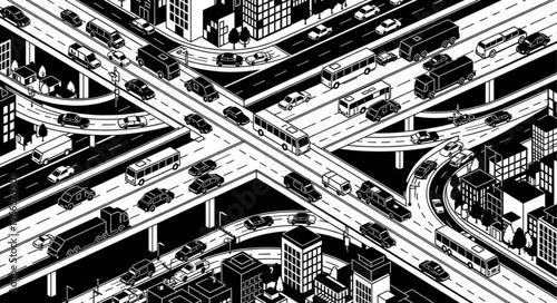 Busy Highway Interchange with Traffic in Black and White Illustration.
