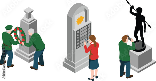 Isometric war memorial illustration, soldiers honoring monument, remembrance ceremony, military tribute scenes, historic statue, respect and commemoration concept design set