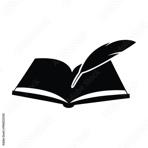 Monochrome image depicting an open book with a feather quill resting upon it