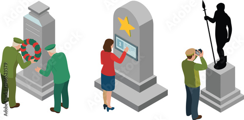 Isometric war memorial scenes, soldiers honoring monument, remembrance ceremony, military tribute, historic statue, respect and commemoration concept illustration set