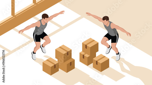 Isometric warehouse workers lifting boxes, manual handling logistics teamwork concept, delivery storage shipping packages industrial labor vector illustration design