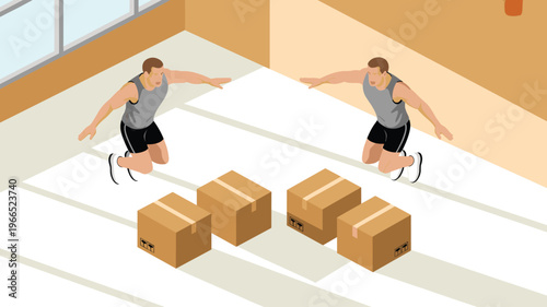 Isometric warehouse workers moving boxes, manual handling logistics concept, lifting packages teamwork delivery storage shipping industrial vector illustration design