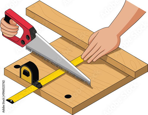 Isometric woodworking cutting wood with hand saw measuring tape carpentry process DIY construction tools workshop 3D illustration design