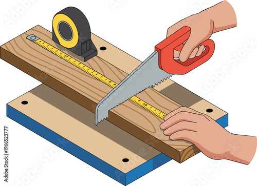 Isometric woodworking measuring and cutting wood with hand saw carpentry tools DIY workshop process 3D illustration design concept