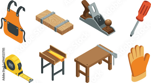 Isometric woodworking tools set, carpentry equipment apron plane screwdriver workbench measuring tape gloves wood plank vector illustration design
