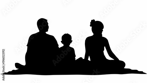 Family picnic sitting on ground silhouette people relaxing together outdoors