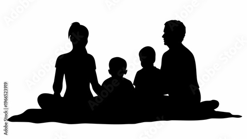 Family sitting together on ground in silhouette happy bonding moment people having picnic outdoors